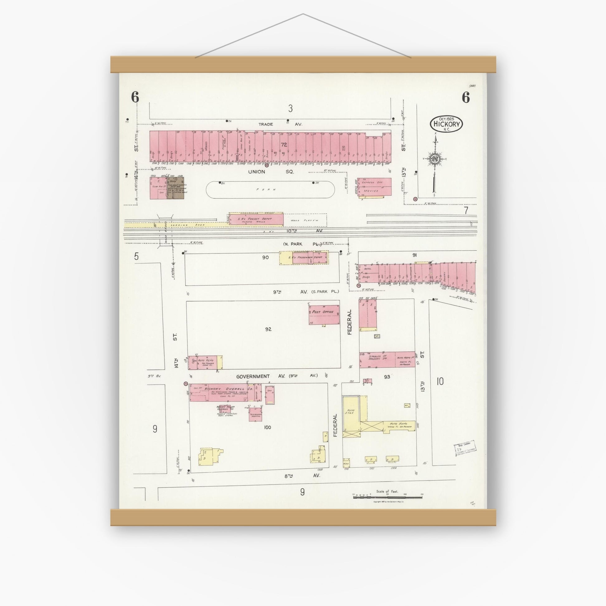 Old map wall art mockup — magnetic wood frame on white wall — Sanborn Fire Insurance Map from Hickory, Catawba County, North Carolina (1925), Sheet #0006