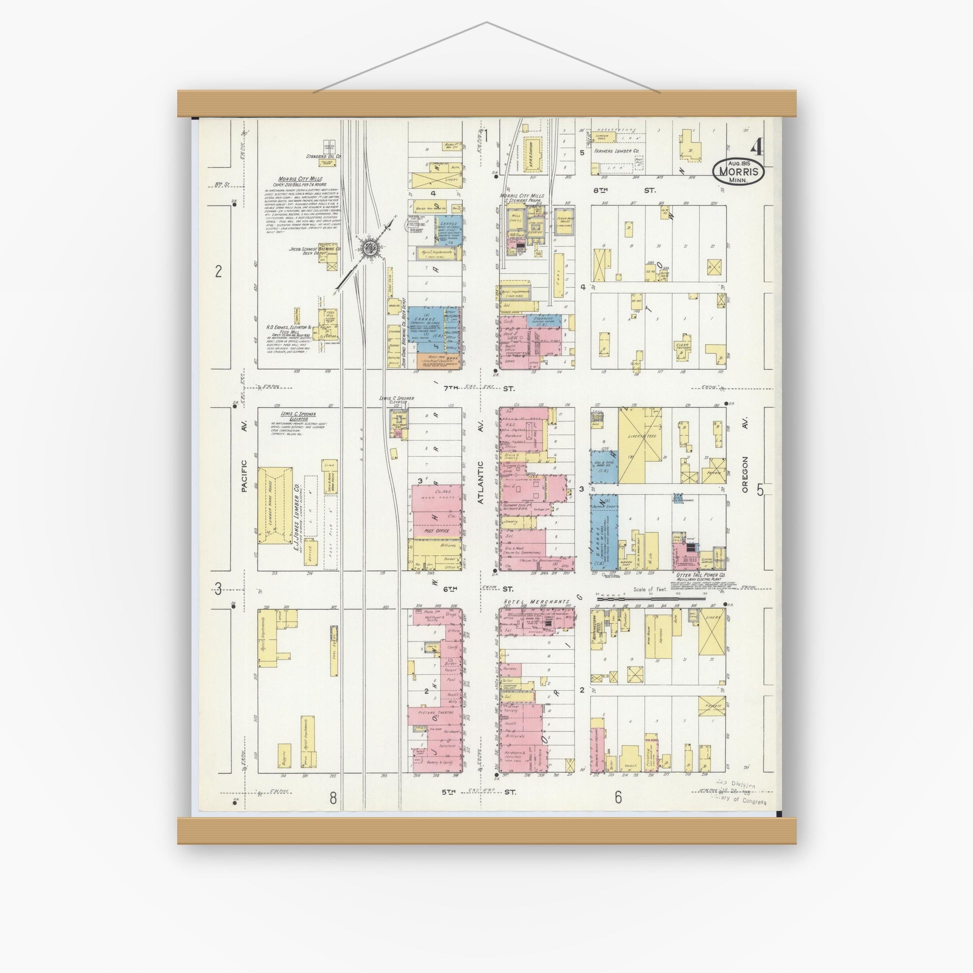 Old map wall art mockup — magnetic wood frame on white wall — Sanborn Fire Insurance Map from Morris, Stevens County, Minnesota (1915), Sheet #0004