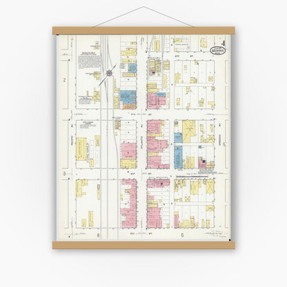 Old map wall art mockup — magnetic wood frame on white wall — Sanborn Fire Insurance Map from Morris, Stevens County, Minnesota (1915), Sheet #0004