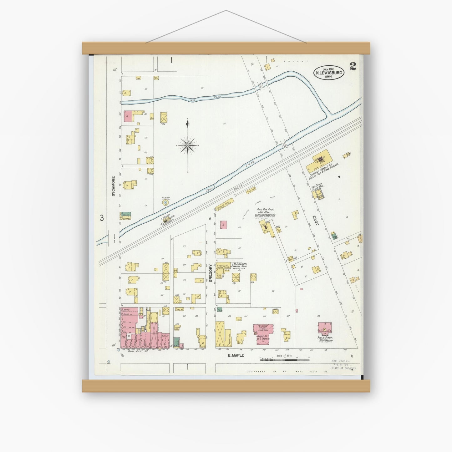 Old map wall art mockup — magnetic wood frame on white wall — Sanborn Fire Insurance Map from North Lewisburg, Champaign County, Ohio (1901), Sheet #0002