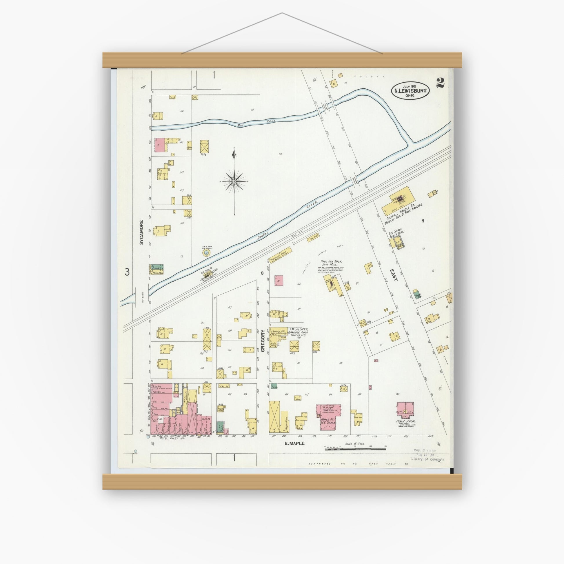 Old map wall art mockup — magnetic wood frame on white wall — Sanborn Fire Insurance Map from North Lewisburg, Champaign County, Ohio (1901), Sheet #0002