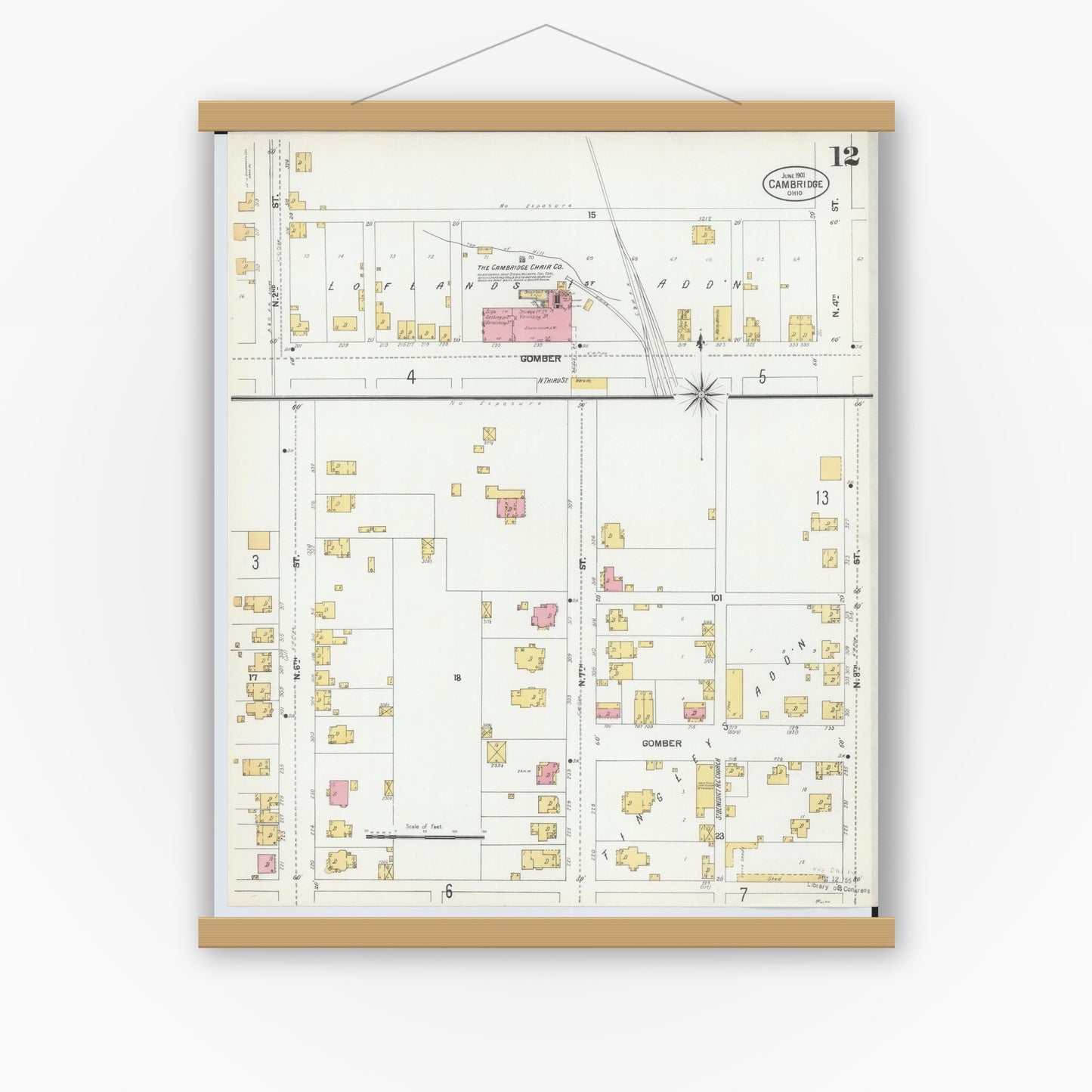 Old map wall art mockup — magnetic wood frame on white wall — Sanborn Fire Insurance Map from Cambridge, Guernsey County, Ohio (1901), Sheet #0012