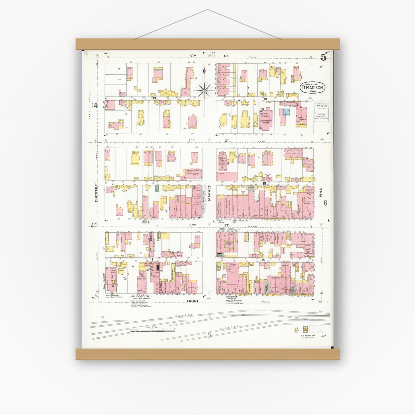 Old map wall art mockup — magnetic wood frame on white wall — Sanborn Fire Insurance Map from Fort Madison, Lee County, Iowa (1900), Sheet #0005