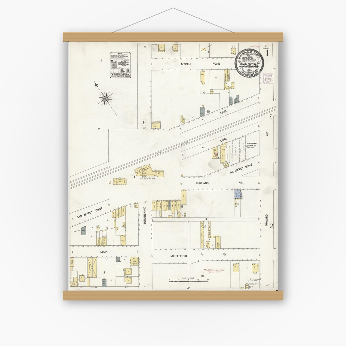 Old map wall art mockup — magnetic wood frame on white wall — Sanborn Fire Insurance Map from Burlingame, San Mateo County, California (1908) - Complete Map Set