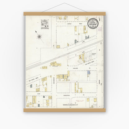 Old map wall art mockup — magnetic wood frame on white wall — Sanborn Fire Insurance Map from Burlingame, San Mateo County, California (1908) - Complete Map Set