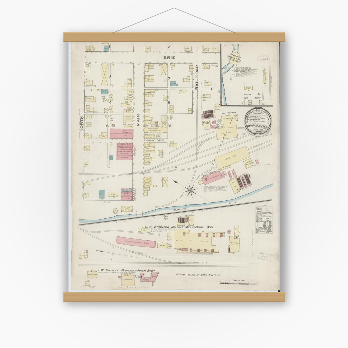 Old map wall art mockup — magnetic wood frame on white wall — Sanborn Fire Insurance Map from West Middlesex, Mercer County, Pennsylvania (1886), Sheet #0001