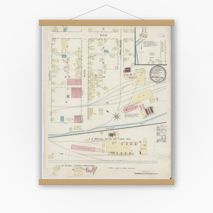 Old map wall art mockup — magnetic wood frame on white wall — Sanborn Fire Insurance Map from West Middlesex, Mercer County, Pennsylvania (1886), Sheet #0001