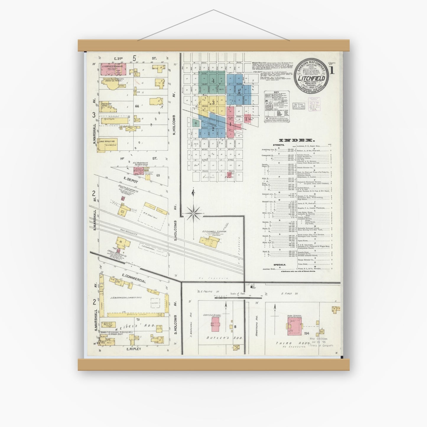 Old map wall art mockup — magnetic wood frame on white wall — Sanborn Fire Insurance Map from Litchfield, Meeker County, Minnesota (1903), Sheet #0001