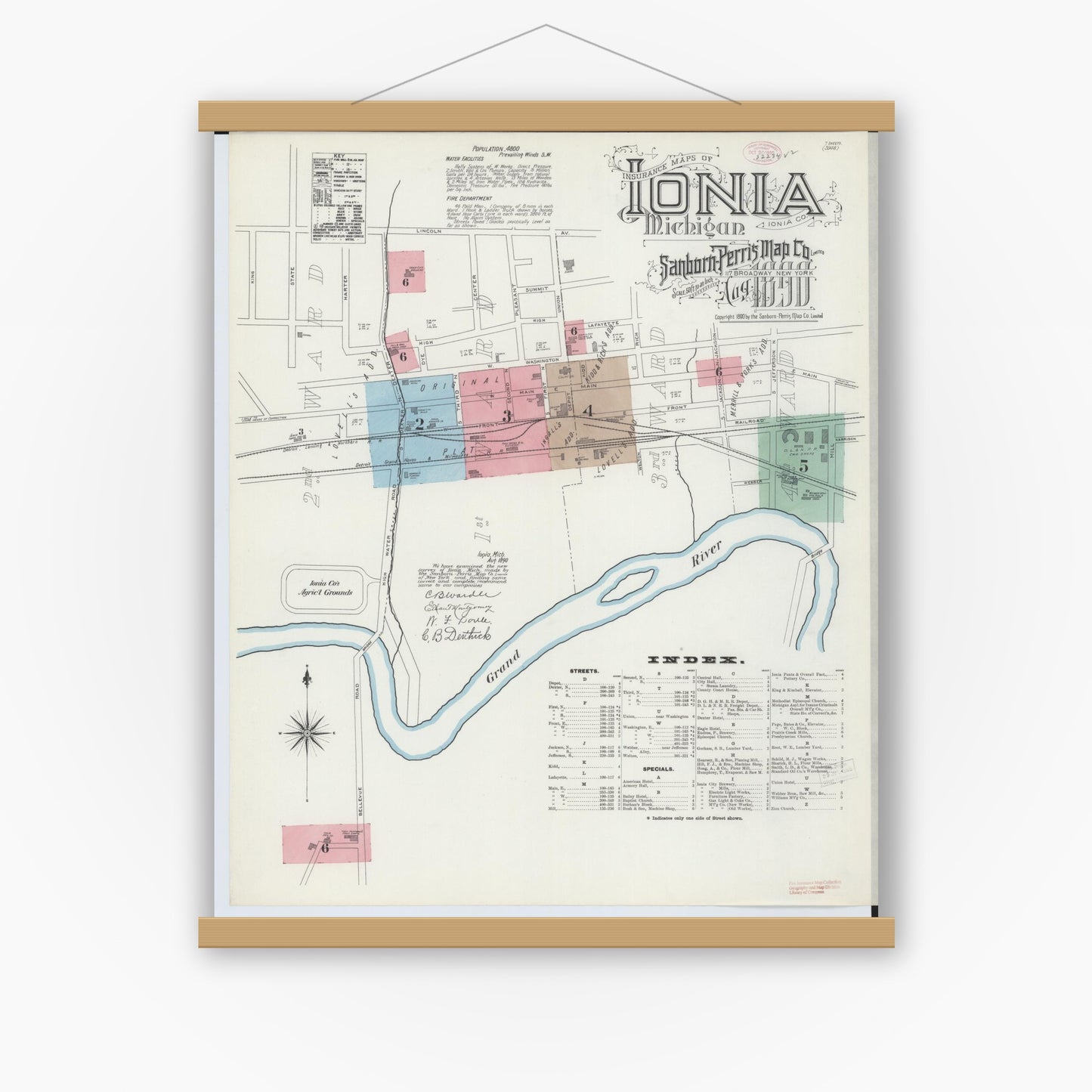 Old map wall art mockup — magnetic wood frame on white wall — Sanborn Fire Insurance Map from Ionia, Ionia County, Michigan (1890), Sheet #0001