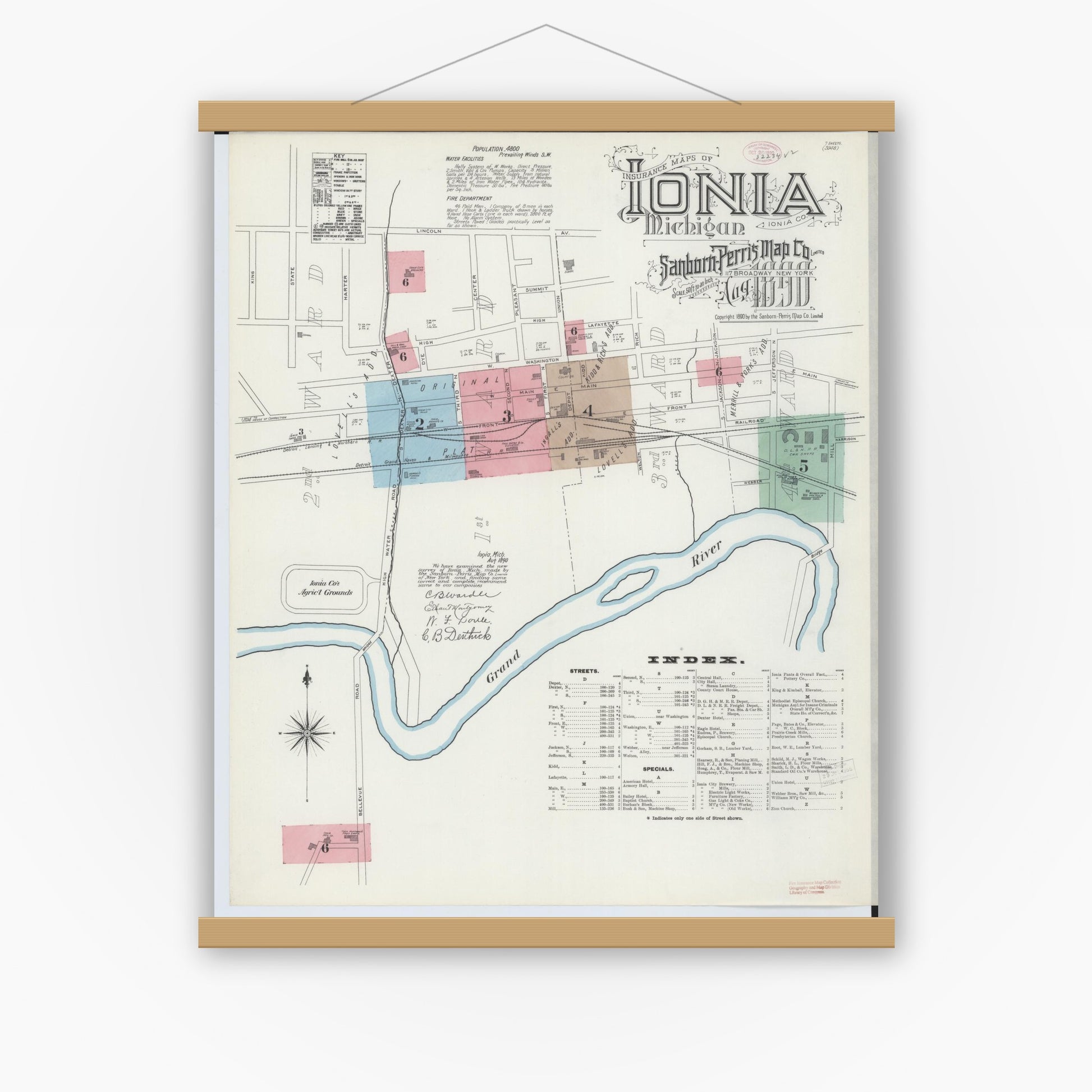 Old map wall art mockup — magnetic wood frame on white wall — Sanborn Fire Insurance Map from Ionia, Ionia County, Michigan (1890), Sheet #0001
