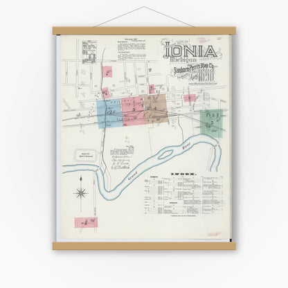 Old map wall art mockup — magnetic wood frame on white wall — Sanborn Fire Insurance Map from Ionia, Ionia County, Michigan (1890), Sheet #0001