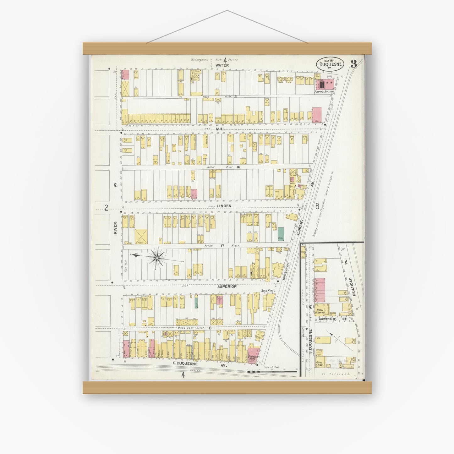 Old map wall art mockup — magnetic wood frame on white wall — Sanborn Fire Insurance Map from Duquesne, Allegheny County, Pennsylvania (1901), Sheet #0003
