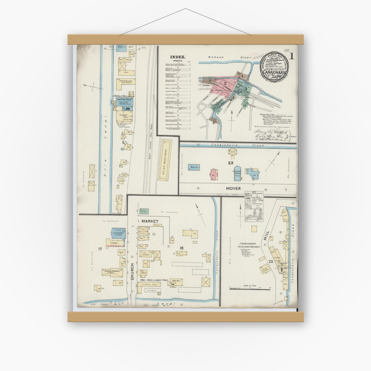 Old map wall art mockup — magnetic wood frame on white wall — Sanborn Fire Insurance Map from Canajoharie, Montgomery County, New York (1891) - Complete Map Set