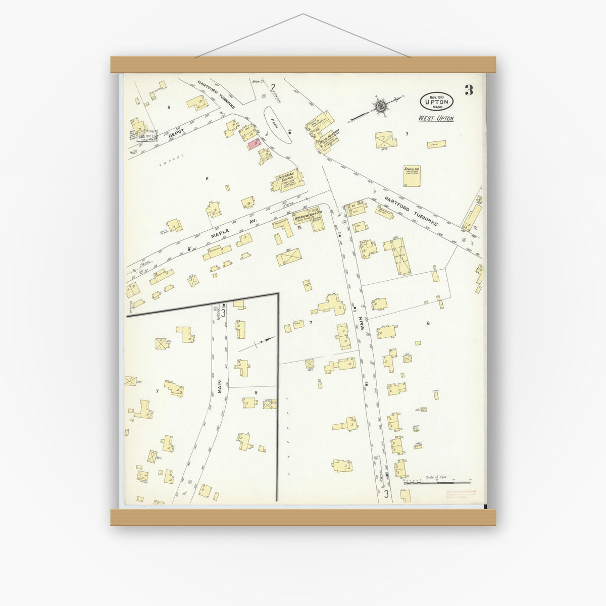 Old map wall art mockup — magnetic wood frame on white wall — Sanborn Fire Insurance Map from Upton, Worcester County, Massachusetts (1910), Sheet #0003