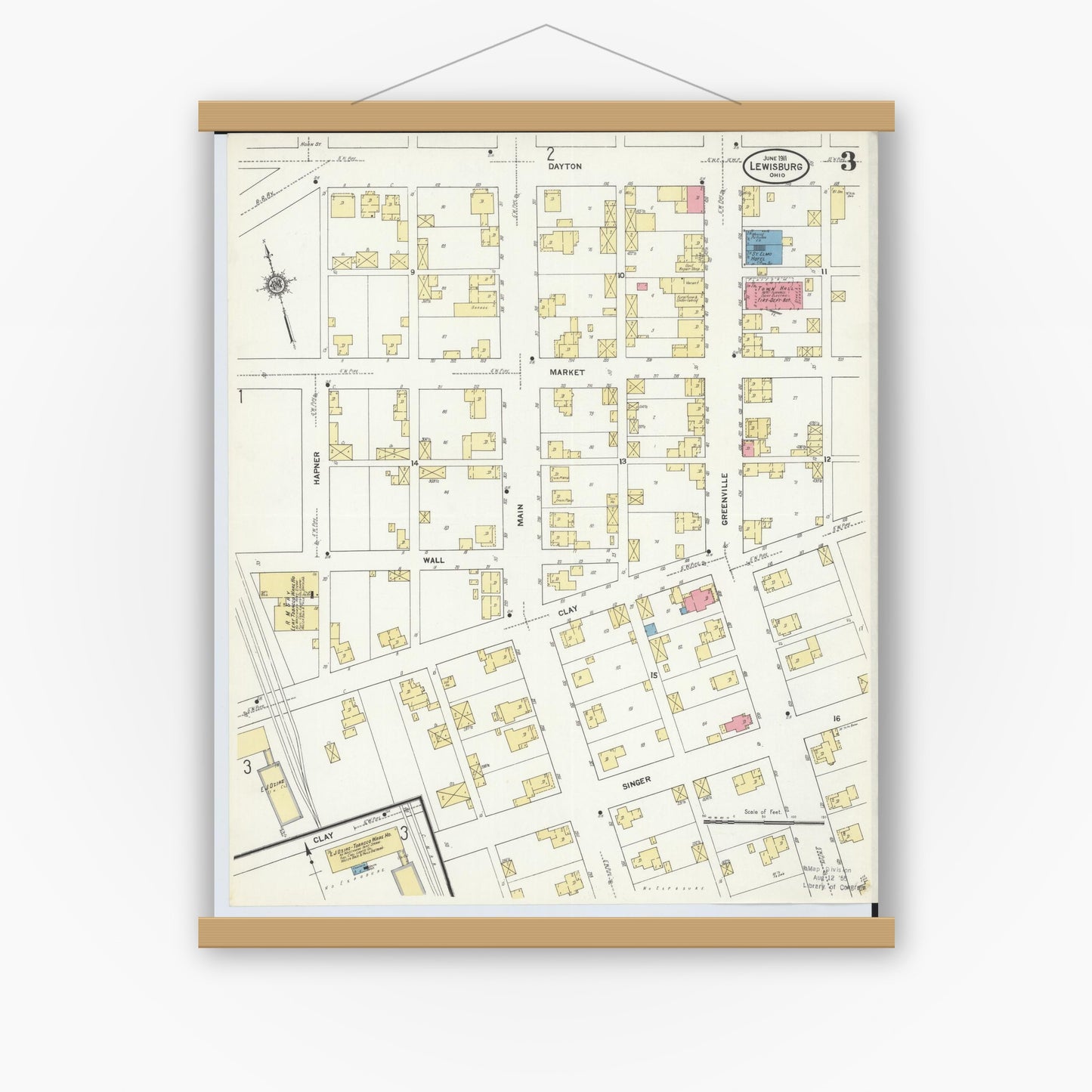 Old map wall art mockup — magnetic wood frame on white wall — Sanborn Fire Insurance Map from Lewisburg, Preble County, Ohio (1911), Sheet #0003