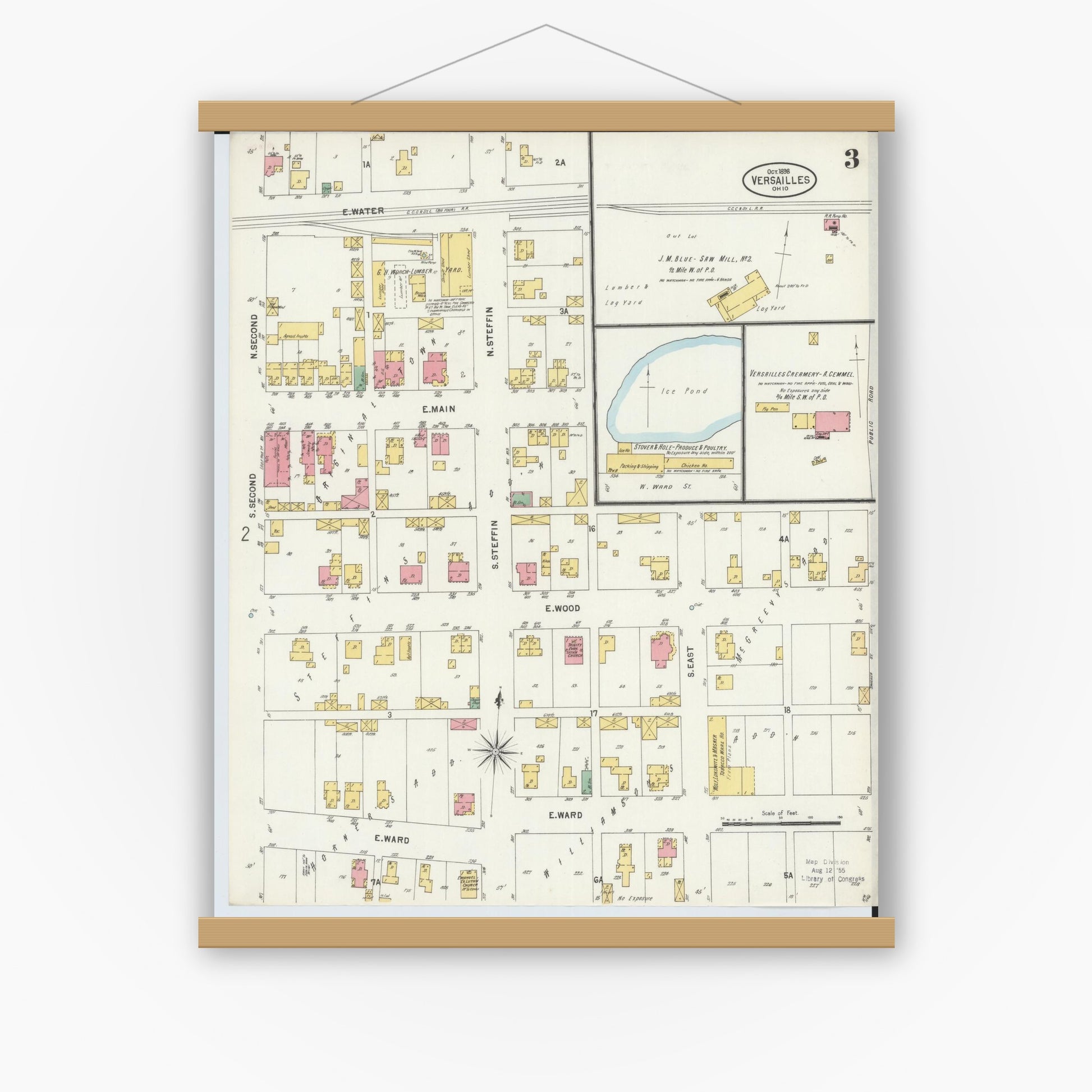 Old map wall art mockup — magnetic wood frame on white wall — Sanborn Fire Insurance Map from Versailles, Darke County, Ohio (1898), Sheet #0003