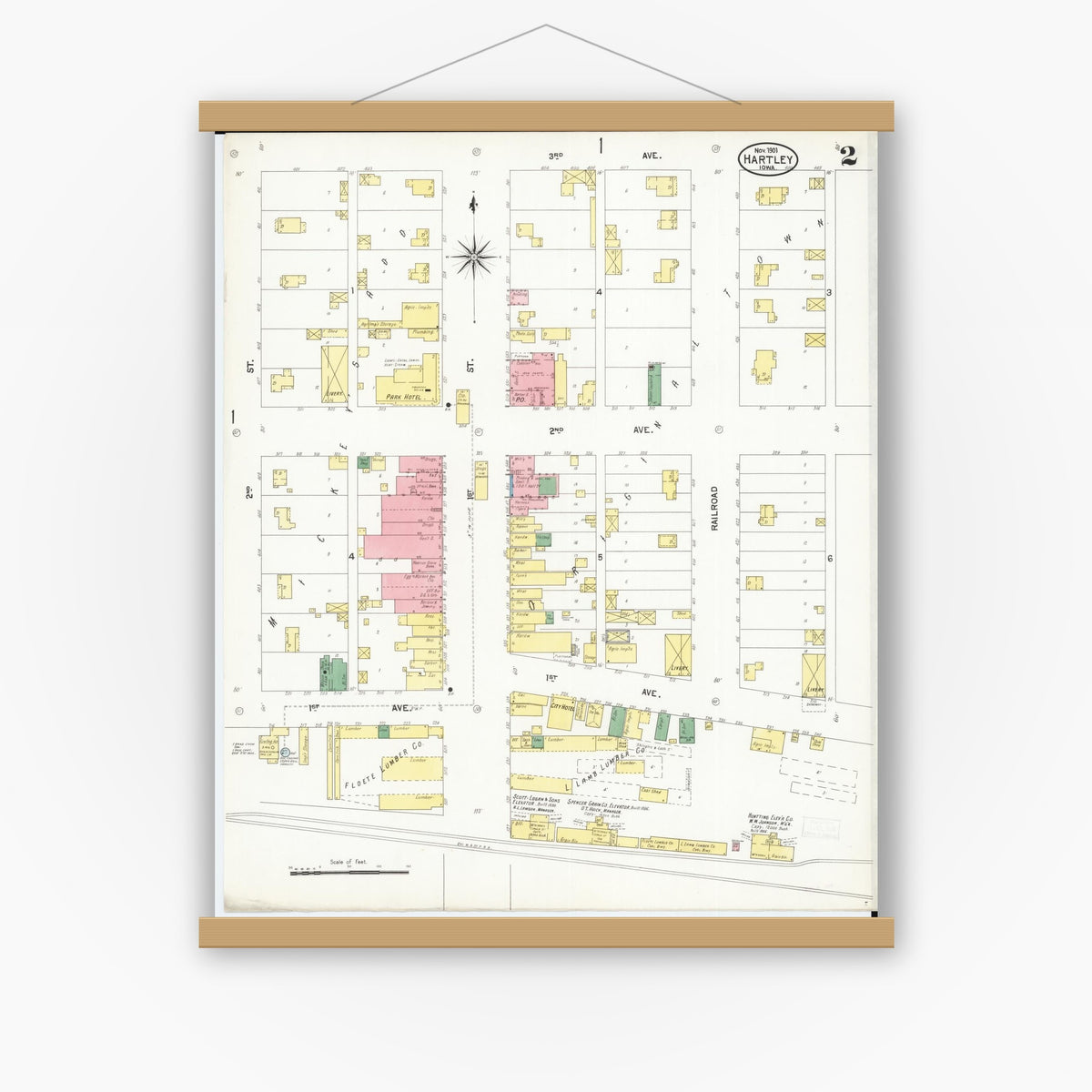 Old map wall art mockup — magnetic wood frame on white wall — Sanborn Fire Insurance Map from Hartley, O'Brien County, Iowa (1901), Sheet #0002