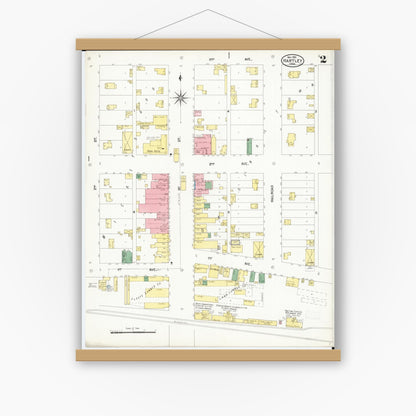 Old map wall art mockup — magnetic wood frame on white wall — Sanborn Fire Insurance Map from Hartley, O'Brien County, Iowa (1901), Sheet #0002
