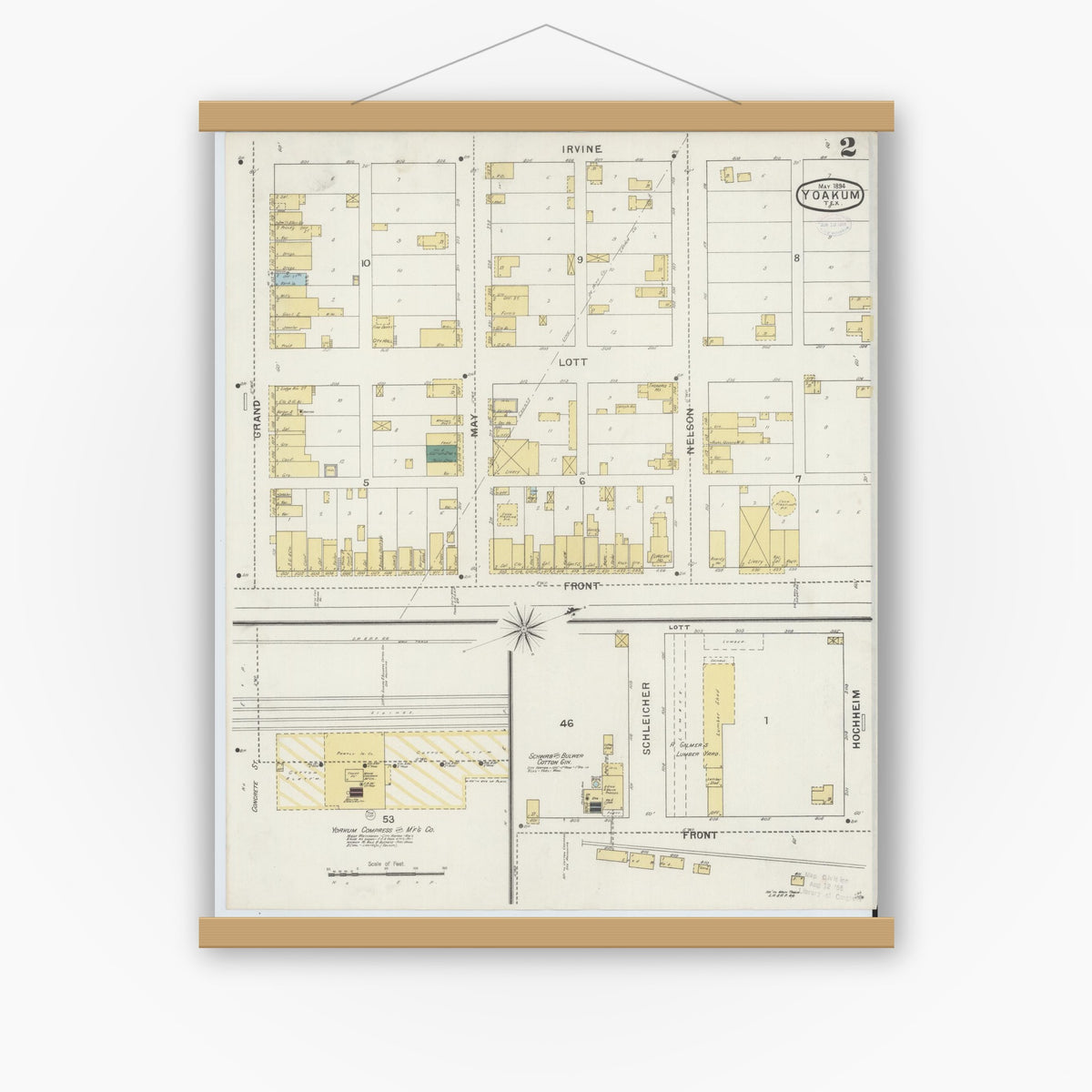 Old map wall art mockup — magnetic wood frame on white wall — Sanborn Fire Insurance Map from Yoakum, De Witt And Lavaca Counties, Texas (1894), Sheet #0002