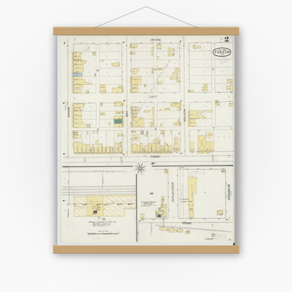 Old map wall art mockup — magnetic wood frame on white wall — Sanborn Fire Insurance Map from Yoakum, De Witt And Lavaca Counties, Texas (1894), Sheet #0002