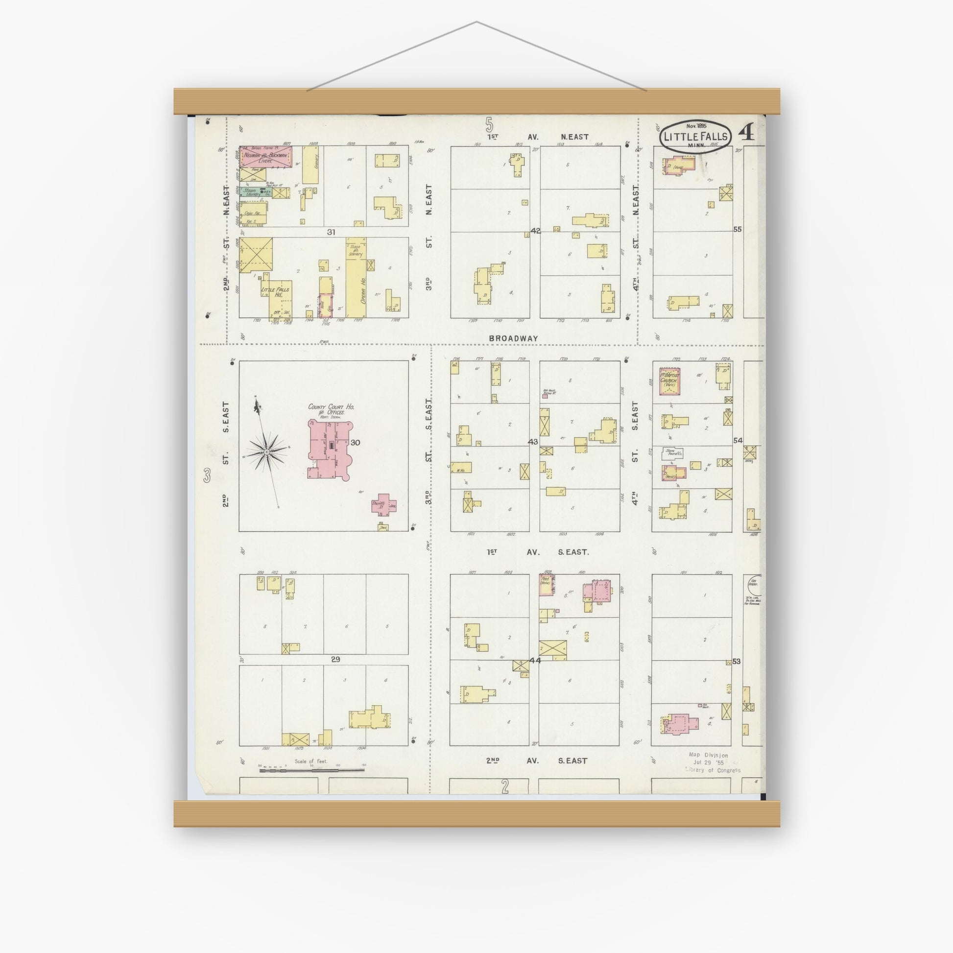 Old map wall art mockup — magnetic wood frame on white wall — Sanborn Fire Insurance Map from Little Falls, Morrison County, Minnesota (1895), Sheet #0004