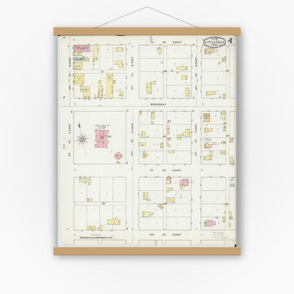 Old map wall art mockup — magnetic wood frame on white wall — Sanborn Fire Insurance Map from Little Falls, Morrison County, Minnesota (1895), Sheet #0004
