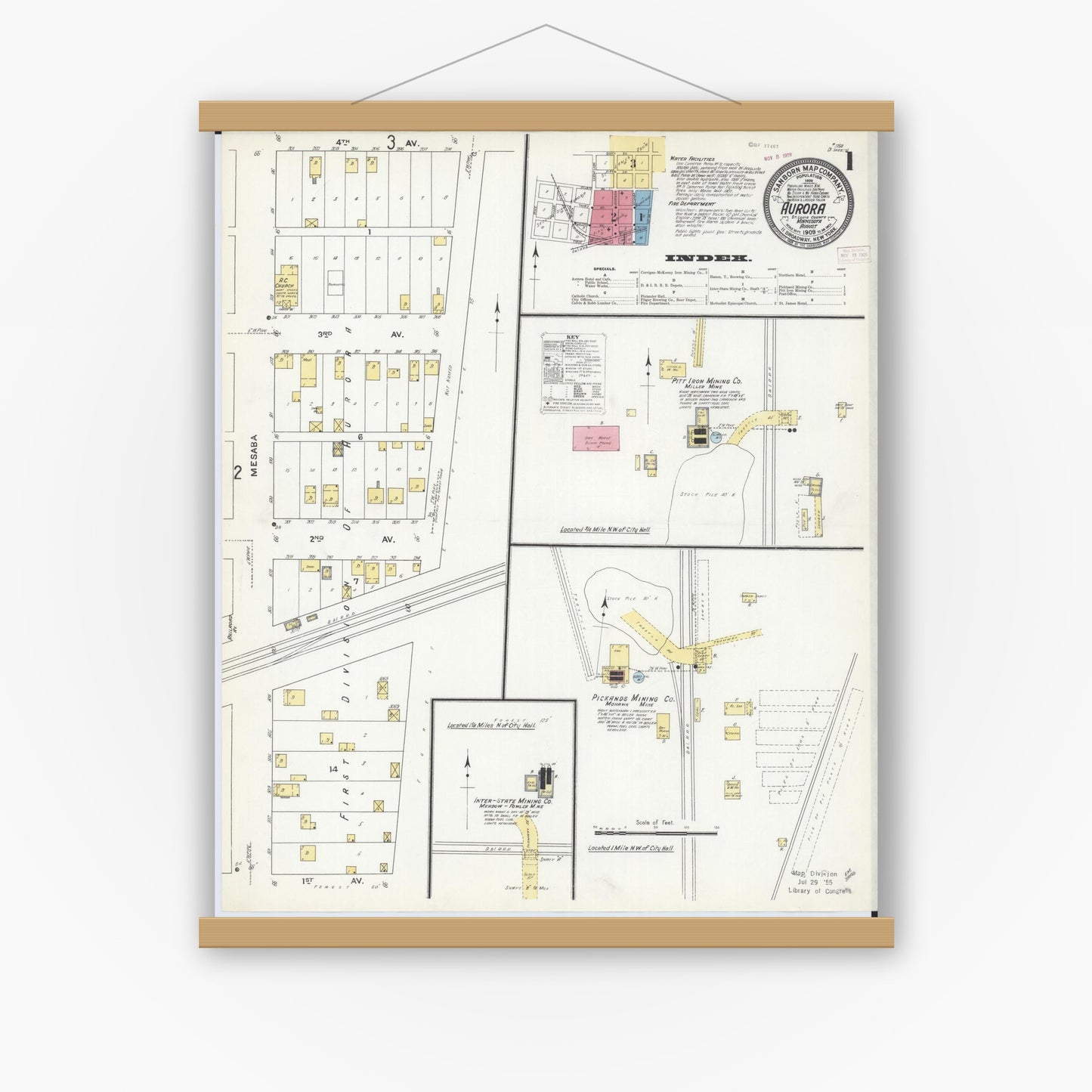 Old map wall art mockup — magnetic wood frame on white wall — Sanborn Fire Insurance Map from Aurora, Saint Louis County, Minnesota (1909), Sheet #0001