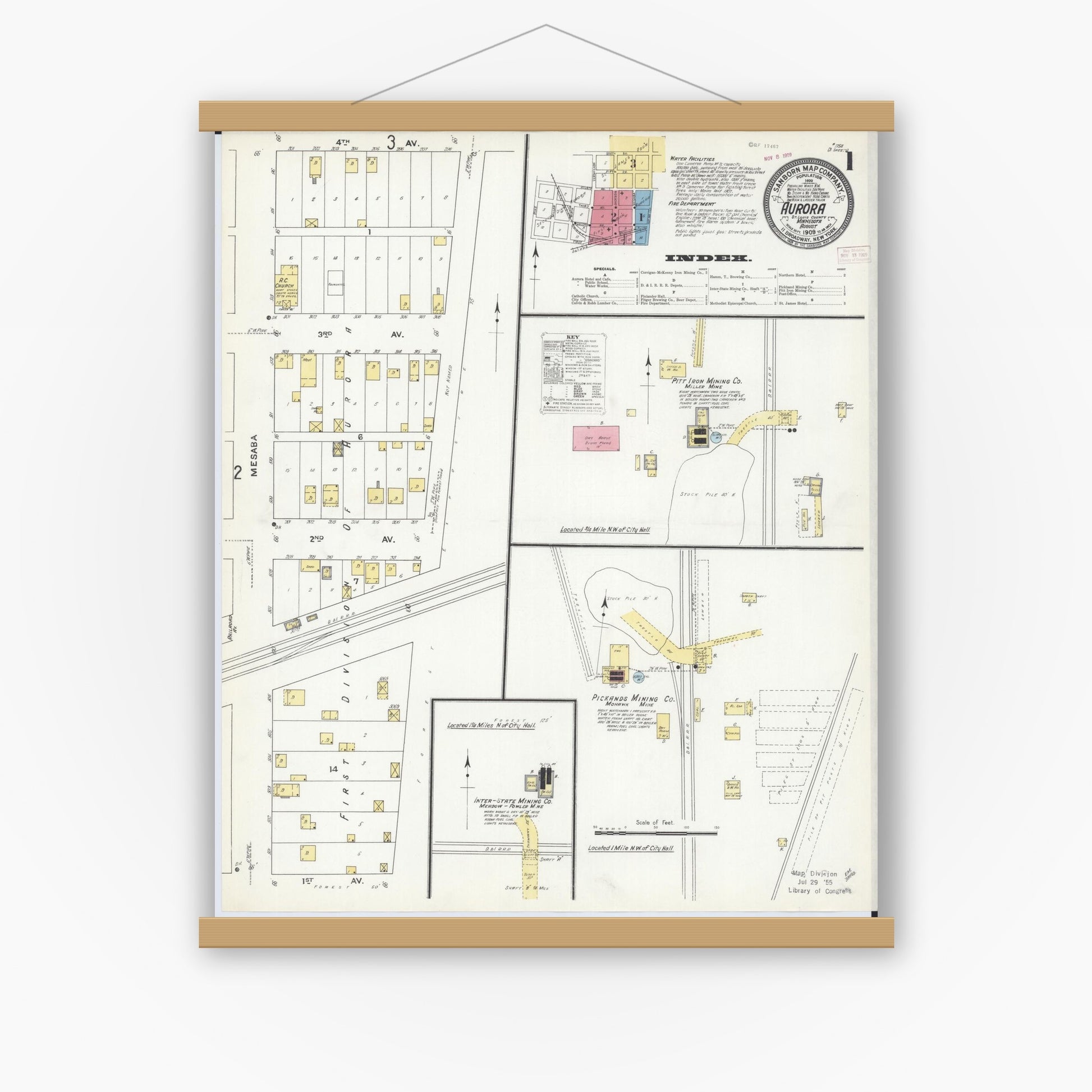 Old map wall art mockup — magnetic wood frame on white wall — Sanborn Fire Insurance Map from Aurora, Saint Louis County, Minnesota (1909), Sheet #0001