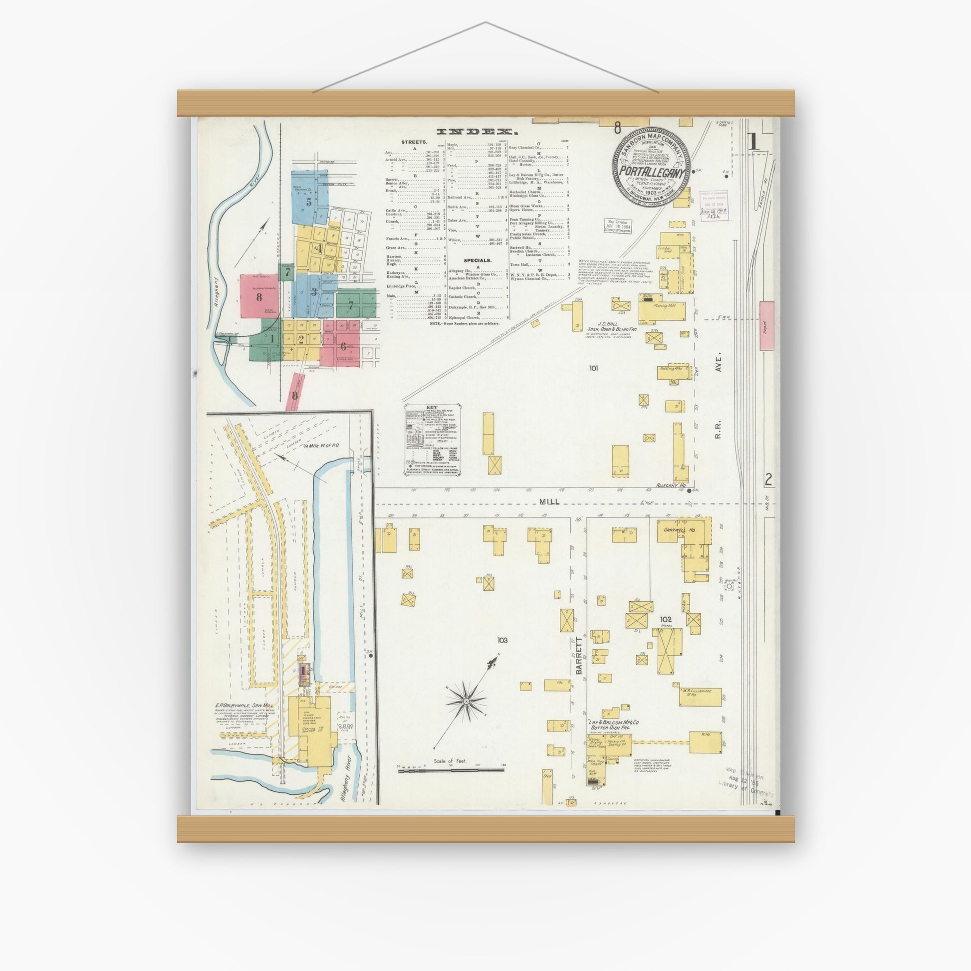 Old map wall art mockup — magnetic wood frame on white wall — Sanborn Fire Insurance Map from Port Allegany, McKean County, Pennsylvania (1903) - Complete Map Set