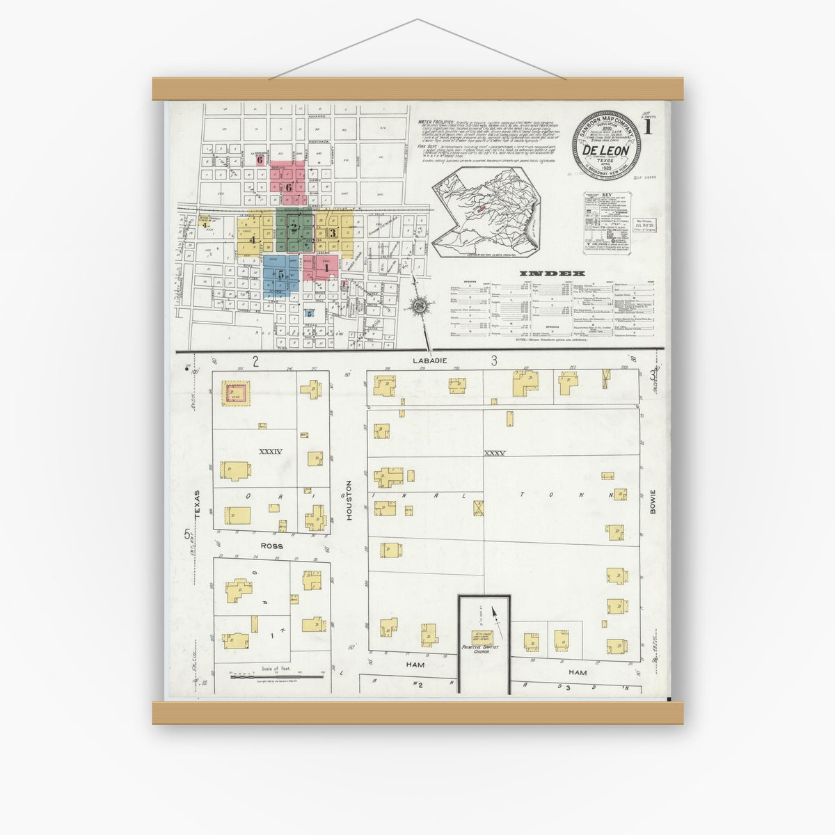 Old map wall art mockup — magnetic wood frame on white wall — Sanborn Fire Insurance Map from De Leon, Comanche County, Texas (1920), Sheet #0001