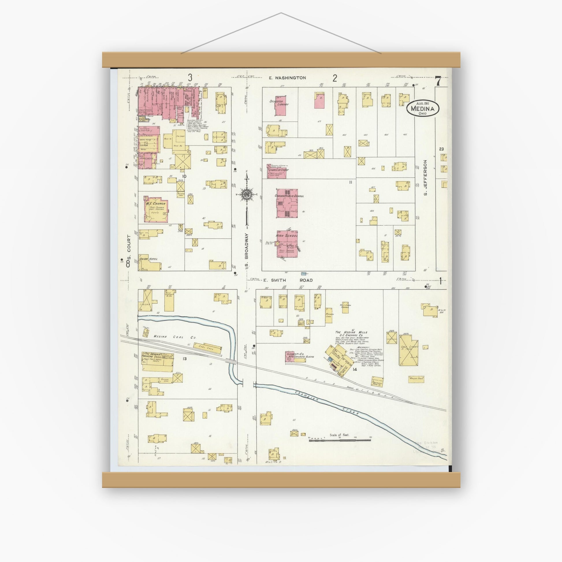 Old map wall art mockup — magnetic wood frame on white wall — Sanborn Fire Insurance Map from Medina, Medina County, Ohio (1911), Sheet #0007