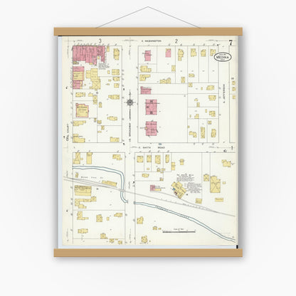 Old map wall art mockup — magnetic wood frame on white wall — Sanborn Fire Insurance Map from Medina, Medina County, Ohio (1911), Sheet #0007