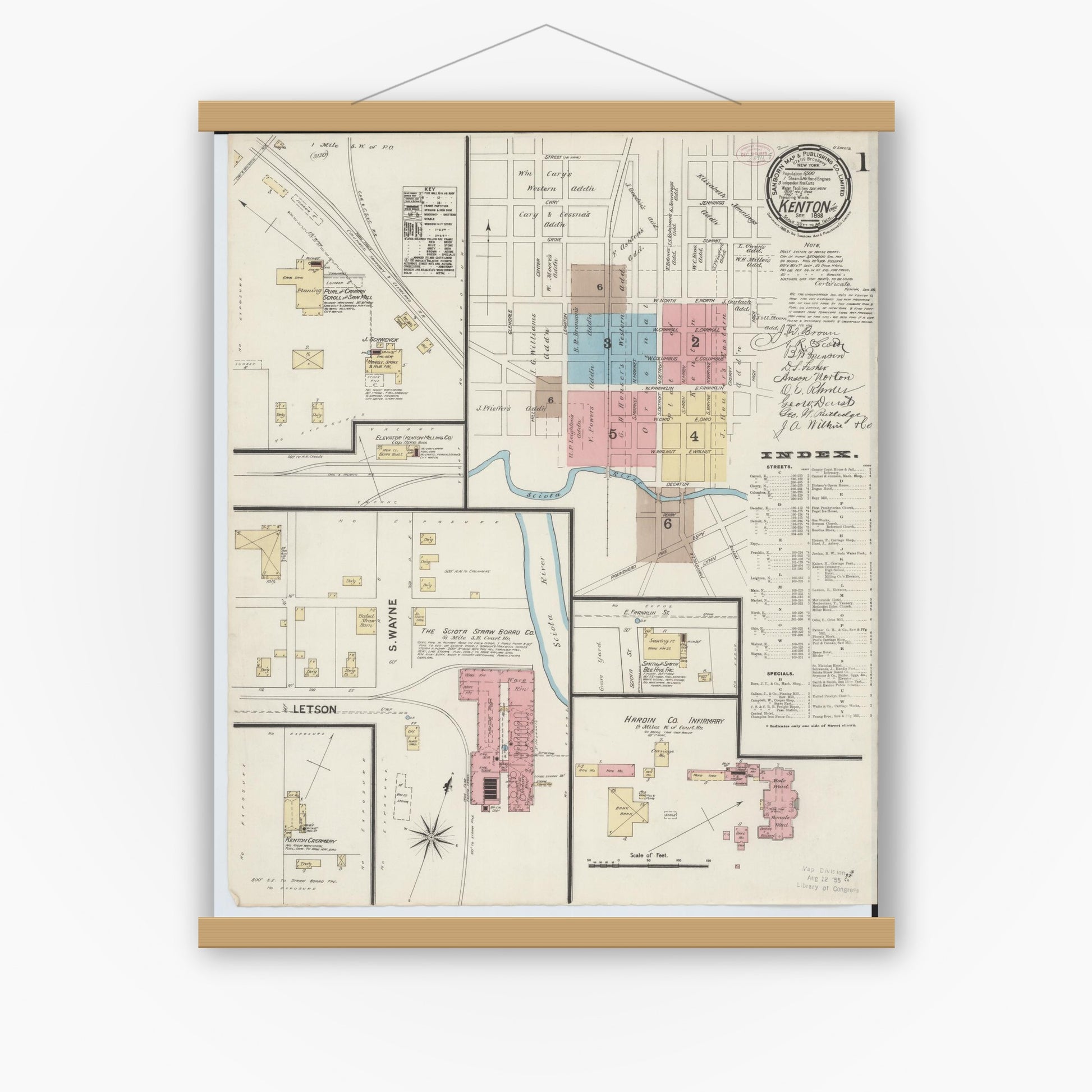 Old map wall art mockup — magnetic wood frame on white wall — Sanborn Fire Insurance Map from Kenton, Hardin County, Ohio (1888) - Complete Map Set