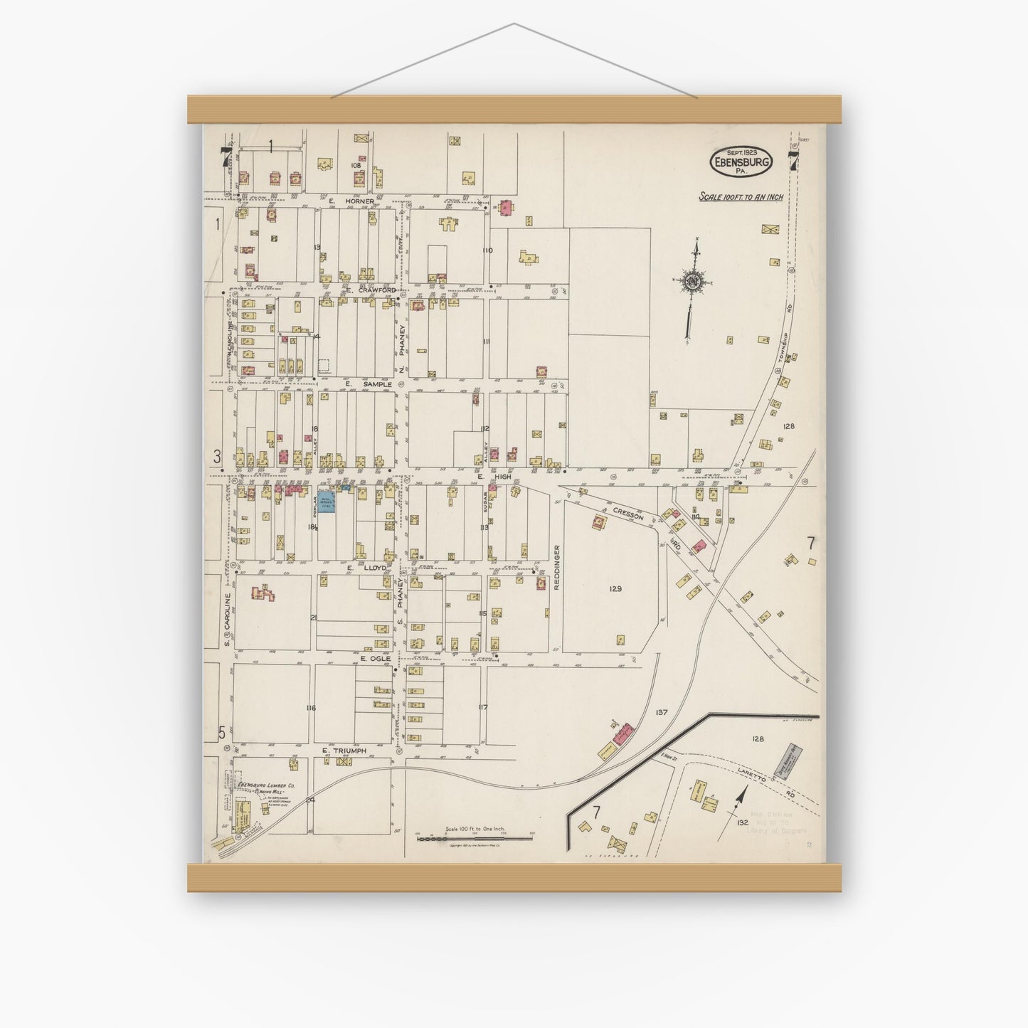 Old map wall art mockup — magnetic wood frame on white wall — Sanborn Fire Insurance Map from Ebensburg, Cambria County, Pennsylvania (1923), Sheet #0007