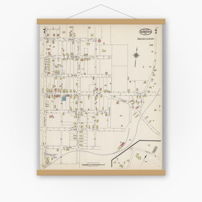 Old map wall art mockup — magnetic wood frame on white wall — Sanborn Fire Insurance Map from Ebensburg, Cambria County, Pennsylvania (1923), Sheet #0007