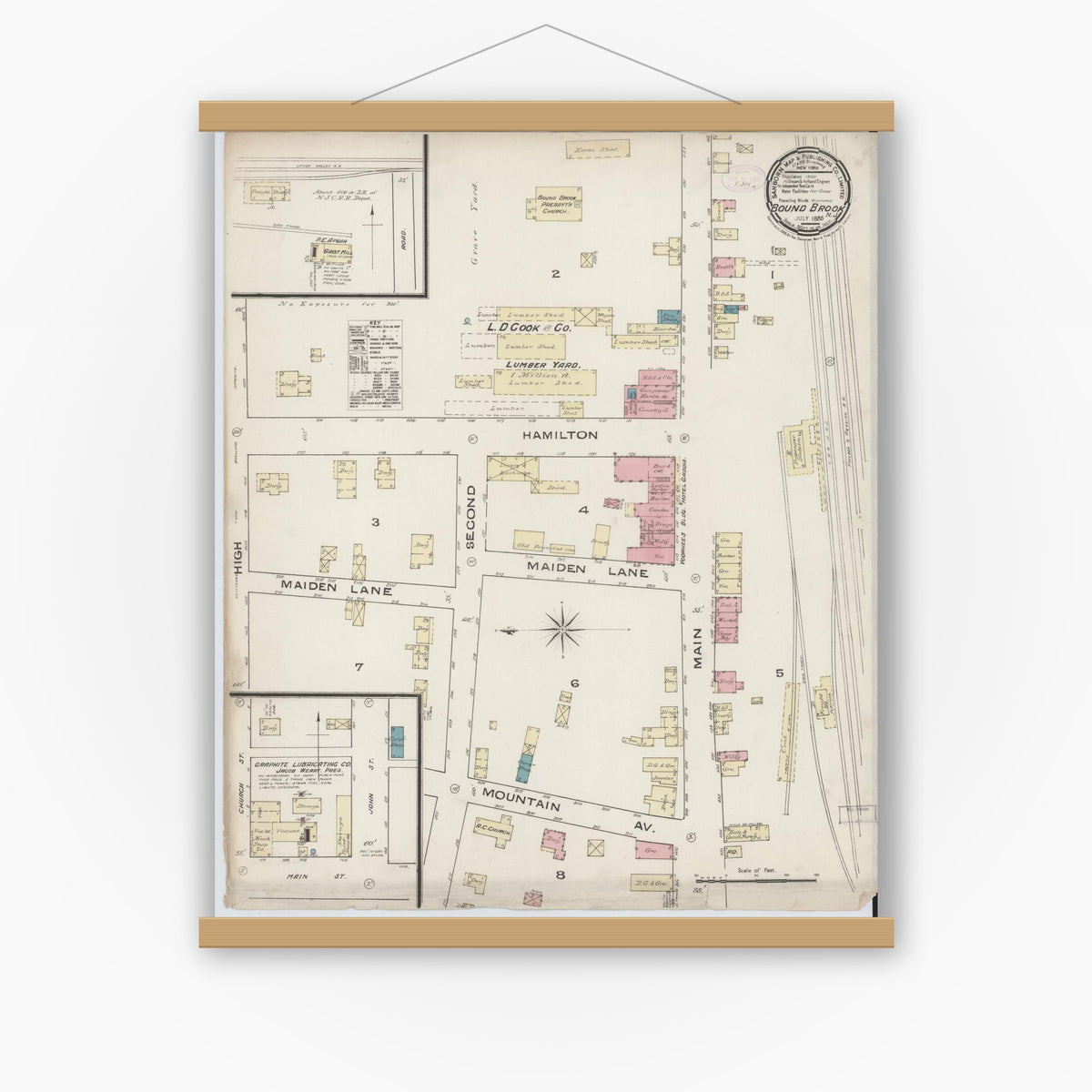 Old map wall art mockup — magnetic wood frame on white wall — Sanborn Fire Insurance Map from Bound Brook, Somerset County, New Jersey (1885), Sheet #0001