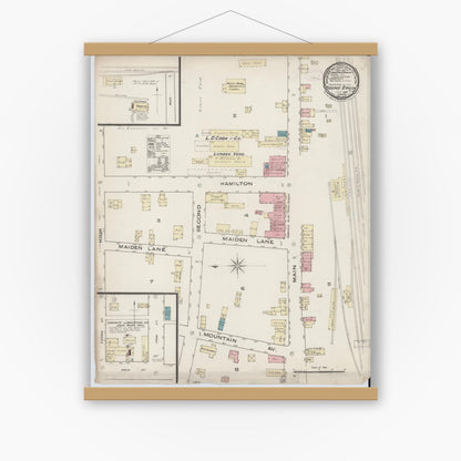 Old map wall art mockup — magnetic wood frame on white wall — Sanborn Fire Insurance Map from Bound Brook, Somerset County, New Jersey (1885), Sheet #0001