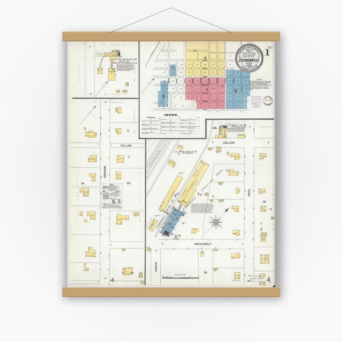 Old map wall art mockup — magnetic wood frame on white wall — Sanborn Fire Insurance Map from Stephenville, Erath County, Texas (1902), Sheet #0001