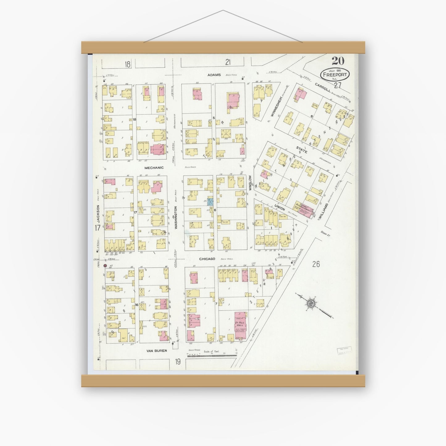 Old map wall art mockup — magnetic wood frame on white wall — Sanborn Fire Insurance Map from Freeport, Stephenson County, Illinois (1910), Sheet #0020