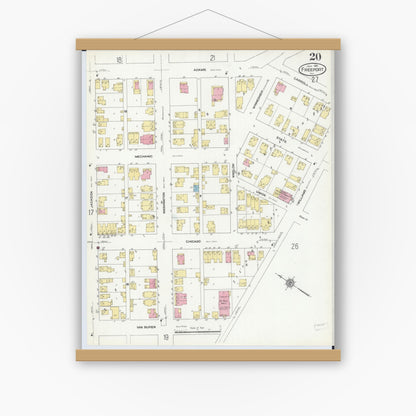 Old map wall art mockup — magnetic wood frame on white wall — Sanborn Fire Insurance Map from Freeport, Stephenson County, Illinois (1910), Sheet #0020