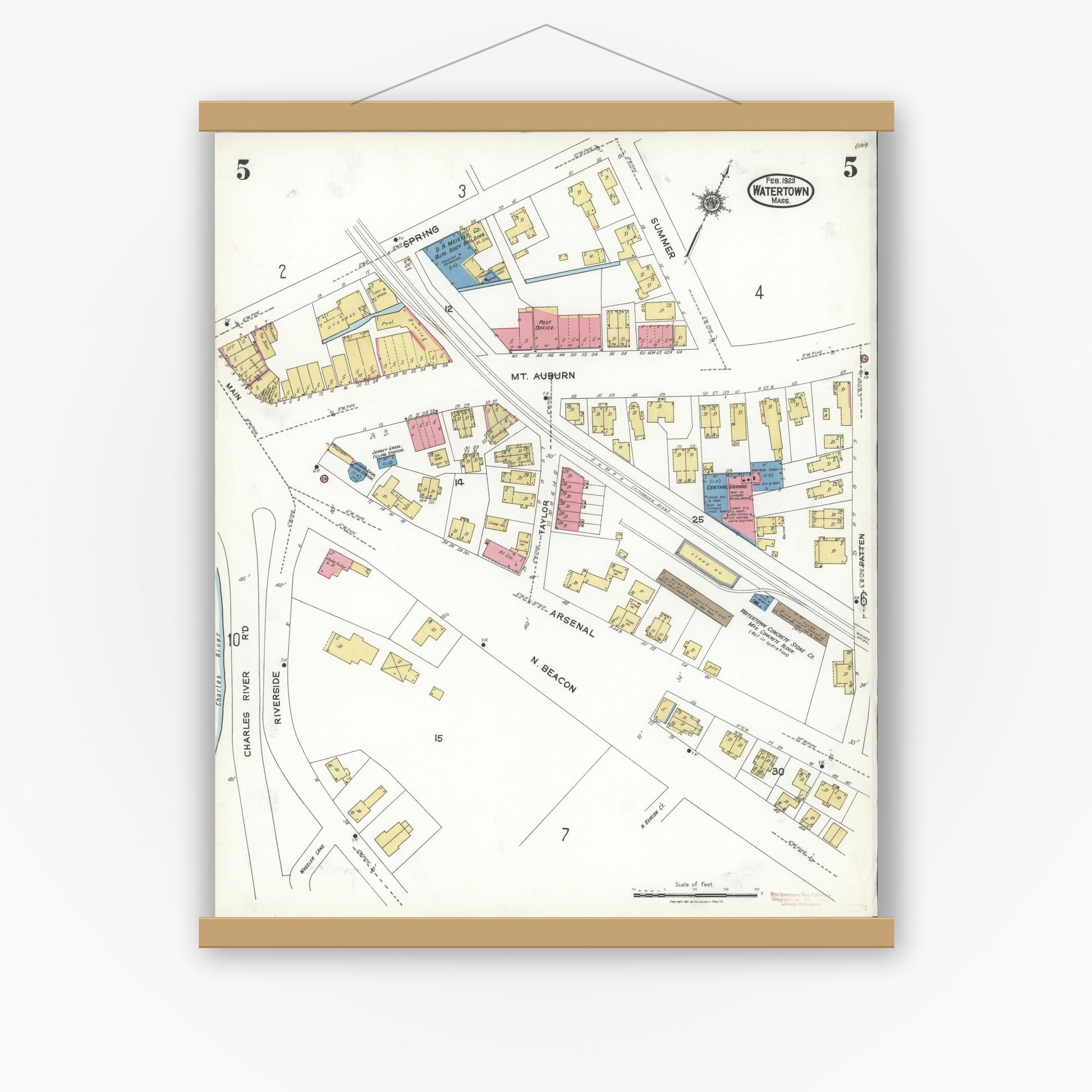Old map wall art mockup — magnetic wood frame on white wall — Sanborn Fire Insurance Map from Watertown, Middlesex County, Massachusetts (1923), Sheet #0005
