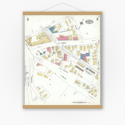 Old map wall art mockup — magnetic wood frame on white wall — Sanborn Fire Insurance Map from Watertown, Middlesex County, Massachusetts (1923), Sheet #0005