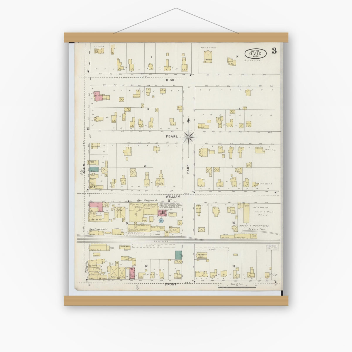 Old map wall art mockup — magnetic wood frame on white wall — Sanborn Fire Insurance Map from Ovid, Clinton County, Michigan (1895), Sheet #0003