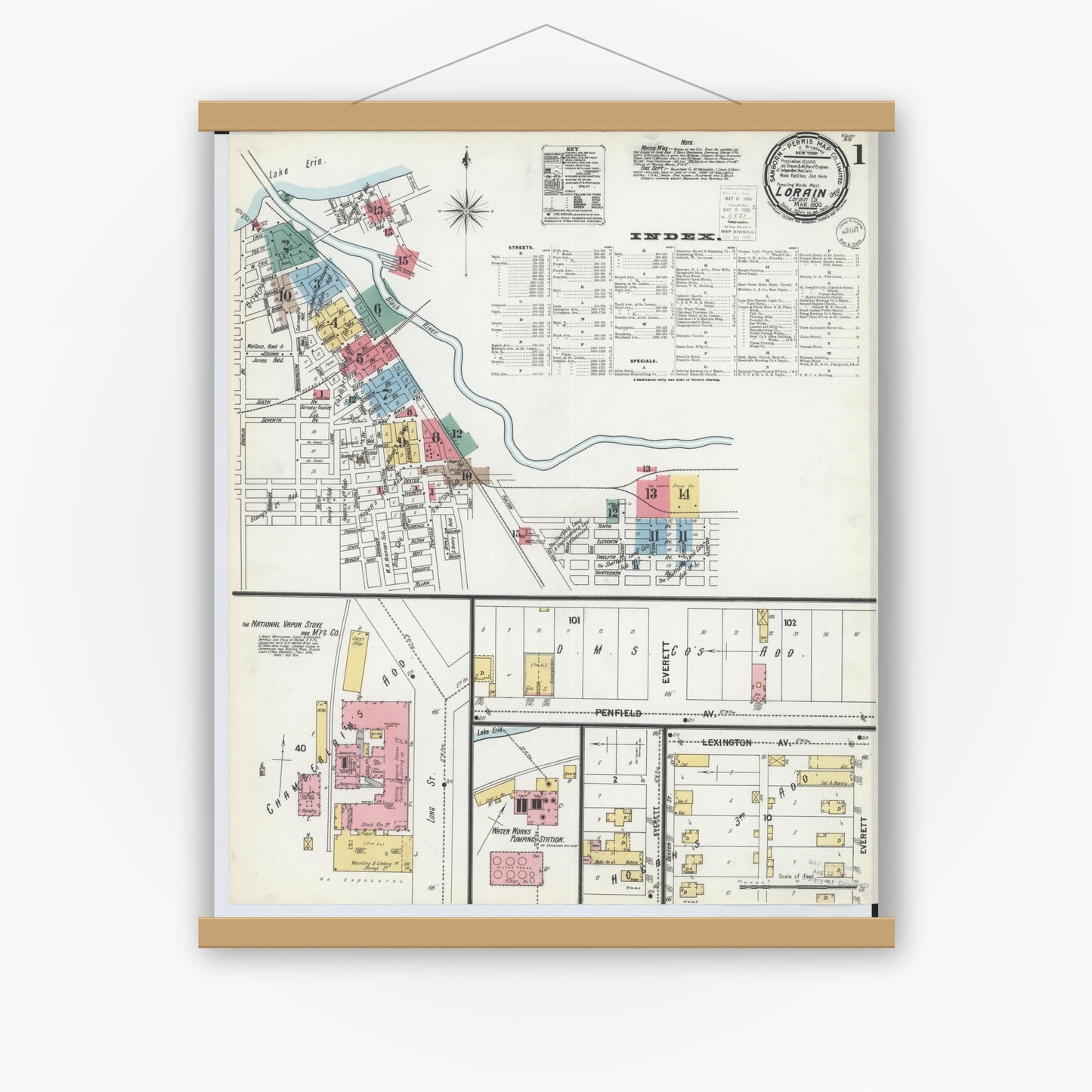 Old map wall art mockup — magnetic wood frame on white wall — Sanborn Fire Insurance Map from Lorain, Lorain County, Ohio (1900) - Complete Map Set