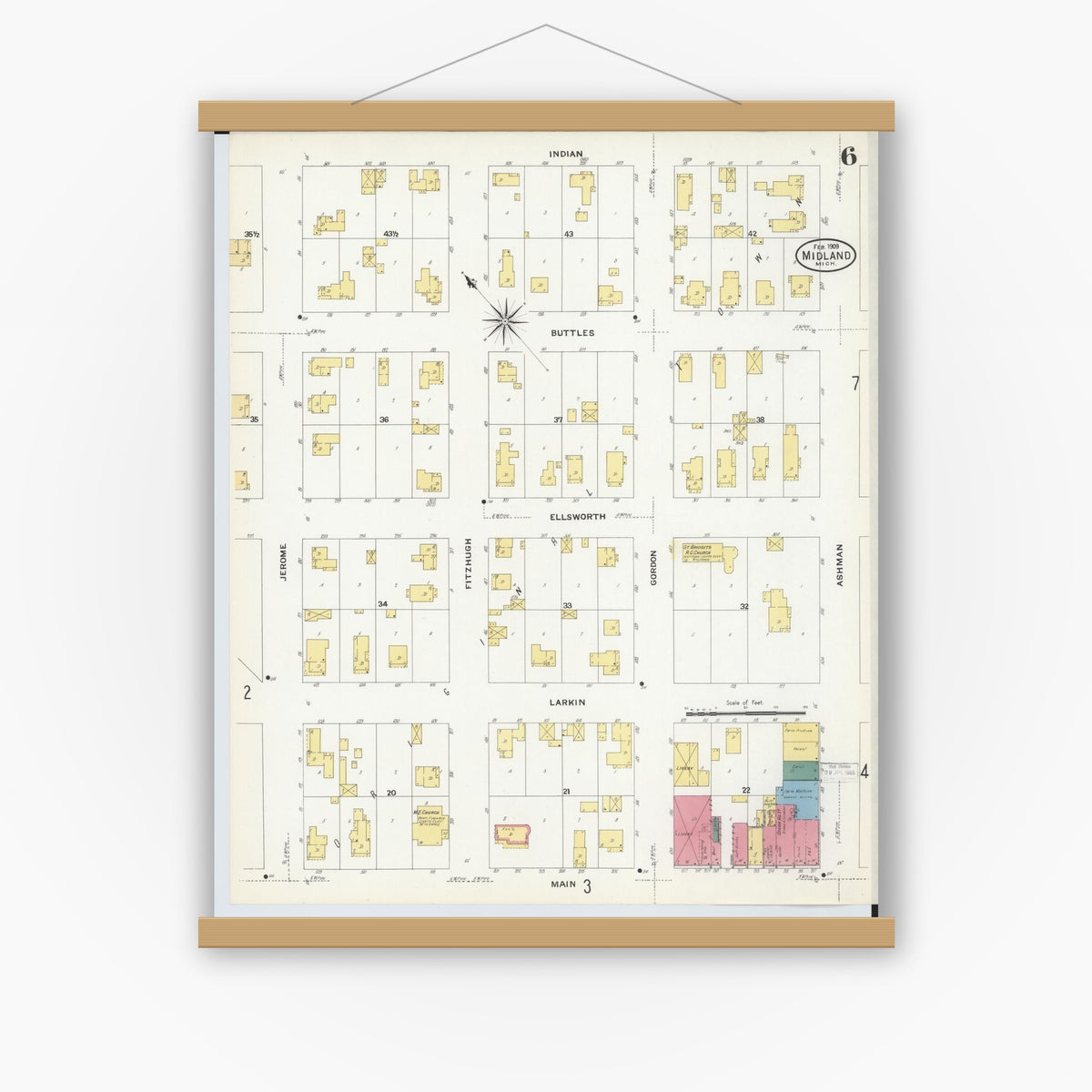 Old map wall art mockup — magnetic wood frame on white wall — Sanborn Fire Insurance Map from Midland, Midland County, Michigan (1909), Sheet #0006