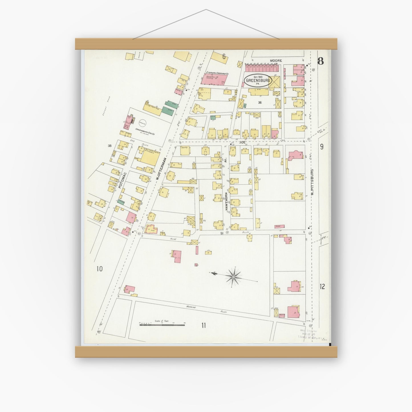 Old map wall art mockup — magnetic wood frame on white wall — Sanborn Fire Insurance Map from Greensburg, Westmoreland County, Pennsylvania (1903), Sheet #0008