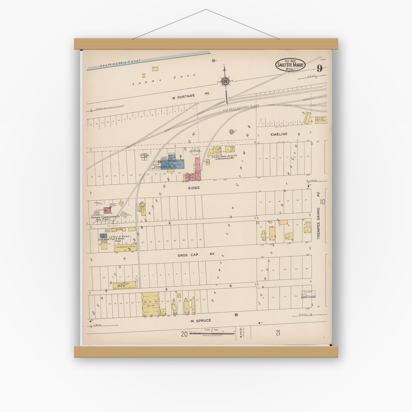 Old map wall art mockup — magnetic wood frame on white wall — Sanborn Fire Insurance Map from Sault Sainte Marie, Chippewa County, Michigan (1922), Sheet #0009