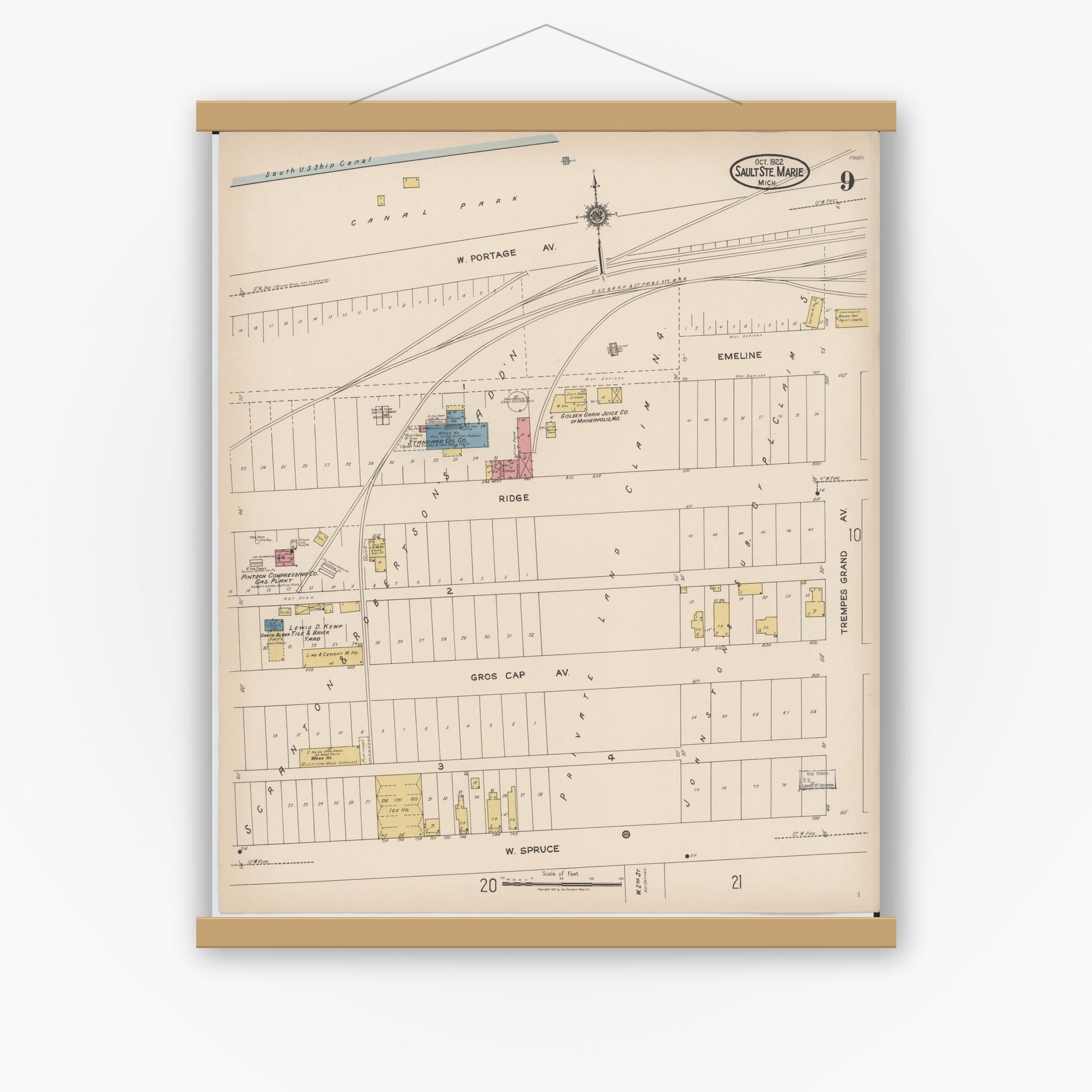 Old map wall art mockup — magnetic wood frame on white wall — Sanborn Fire Insurance Map from Sault Sainte Marie, Chippewa County, Michigan (1922), Sheet #0009