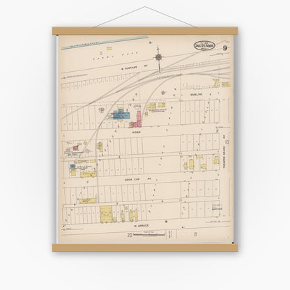 Old map wall art mockup — magnetic wood frame on white wall — Sanborn Fire Insurance Map from Sault Sainte Marie, Chippewa County, Michigan (1922), Sheet #0009
