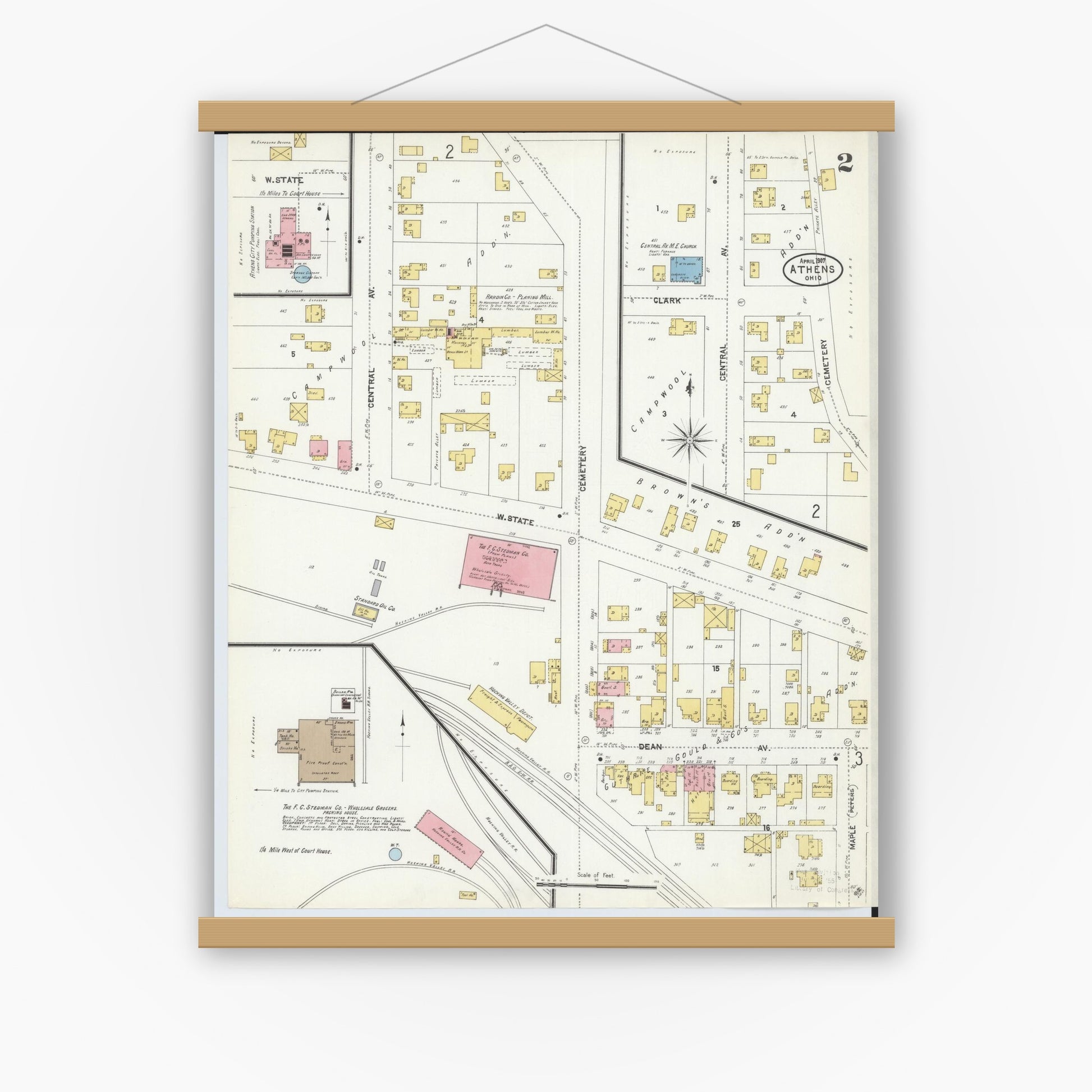 Old map wall art mockup — magnetic wood frame on white wall — Sanborn Fire Insurance Map from Athens, Athens County, Ohio (1907), Sheet #0002